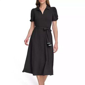 DKNY Women's Tie-Waist Point Collar A-Line Dress Black Size 10